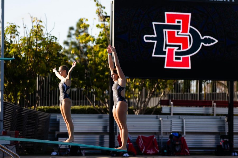 San Diego State swiming and diving senior diver Erica Sarver attempts a dive during the Aztecs 33-24 pentathlon win over San Diego on Dec. 10, 2020 at the Aztec Aquaplex.