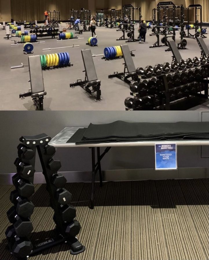 The top photo shows a fully-equipped weightroom at the NCAA men’s basketball Tournament in Indianapolis, while a poorly-accomodated exercise area (bottom) was present at the women’s NCAA Tournament in San Antonio.