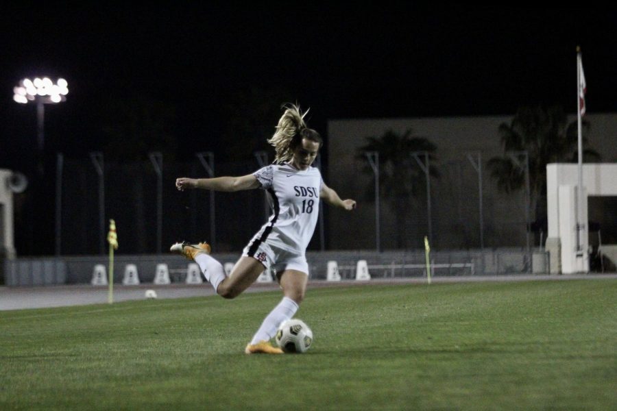 San Diego State womens soccer junior midfielder Daniela Filipovic crosses the ball during the Aztecs 3-2 over Nevada on March 5, 2021 at the SDSU Sports Deck.