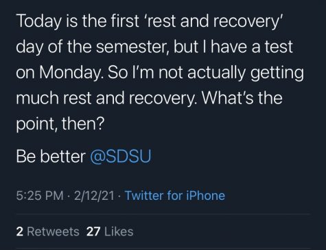 Twitter screenshot from an SDSU student voicing their opinion on the first R&R day.