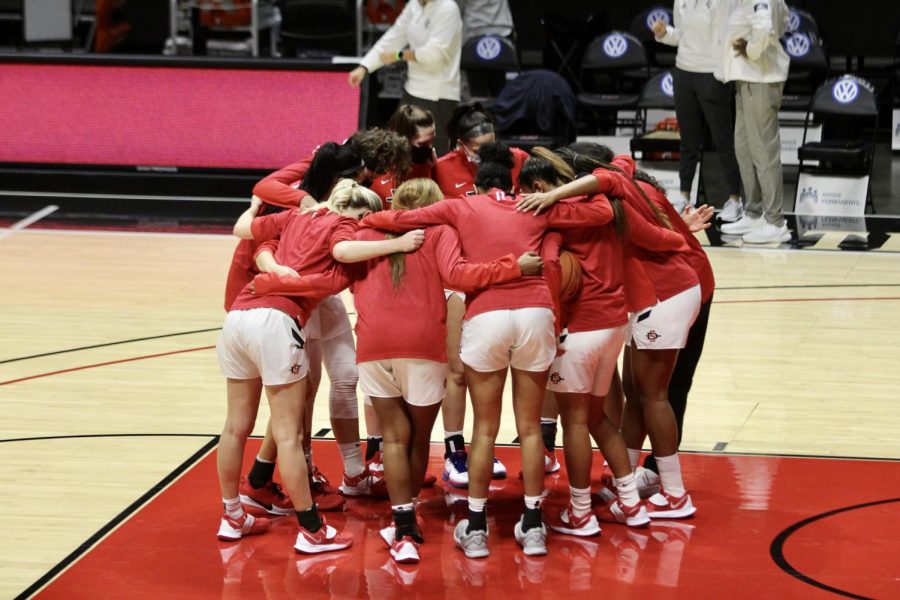 The San Diego State women’s basketball huddles up before the Aztecs’ 66-55 loss to UC Irvine on Dec. 19, 2020 at Viejas Arena.
