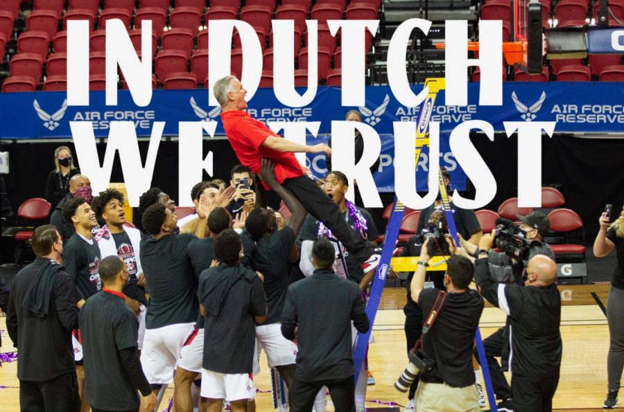 After cutting down the nets at Thomas & Mack Center in Las Vegas, mens basketball head coach Brian Dutcher did a trust fall from the top of the ladder landing in his players arms after winning the Mountain West Conference Tournament