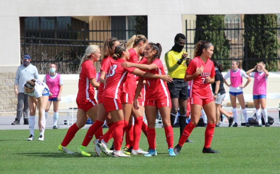 The San Diego State women's soccer team celebrates after a goal during the Aztecs' 3-1 win over Boise State on March 7, 2021 at the SDSU Sports Deck.