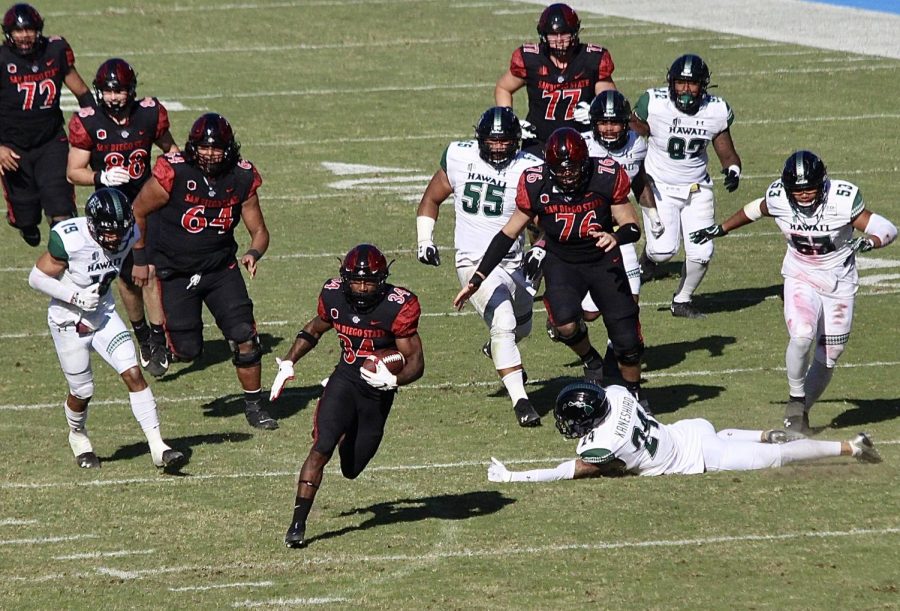 San Diego State football senior running back Greg Bell makes a Hawaii defender miss during the Aztecs’ 34-10 win over the Rainbow Warriors on Nov. 14, 2020 at Dignity Health Sports Park in Carson, Calif.