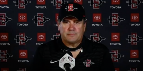 San Diego State football head coach Brady Hoke speaks in front of the media on April 20, 2021 to provide an update on spring practices.