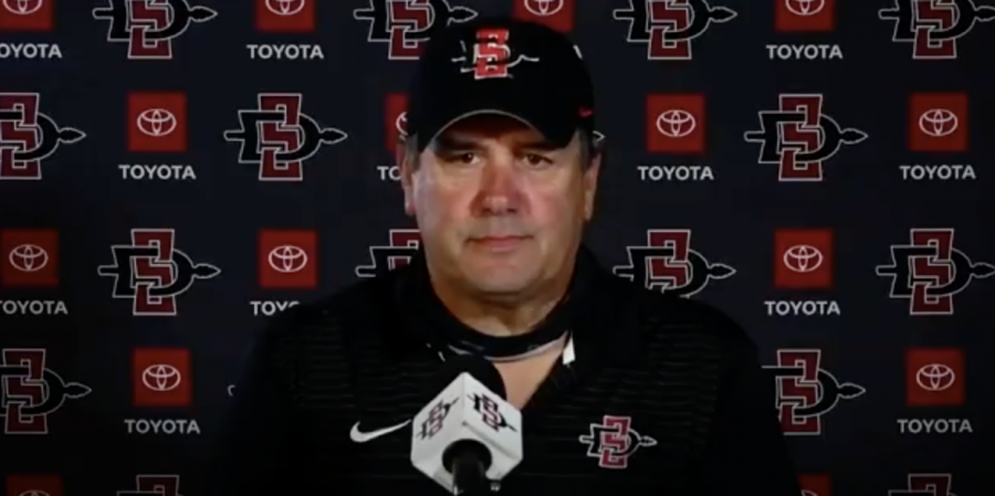 San+Diego+State+football+head+coach+Brady+Hoke+speaks+in+front+of+the+media+on+April+20%2C+2021+to+provide+an+update+on+spring+practices.