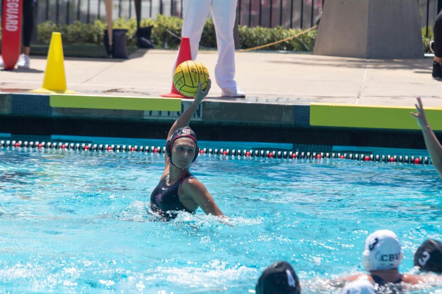 San+Diego+State+water+polo+senior+driver+Karli+Canale+prepares+to+shoot+during+the+Aztecs%E2%80%99+16-9+win+over+Cal+Baptist+on+April+17%2C+2021+at+the+SDSU+Aquaplex.