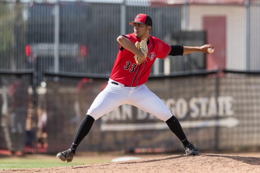 San Diego State baseball redshirt junior pitcher Christian Winston winds up during the Aztecs doubleheader against Nevada on April 10, 2021 at Tony Gwynn Stadium.