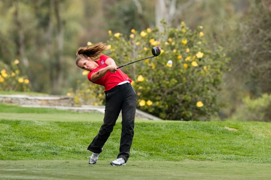 San Diego State womens golf senior Sara Kjellker swings her driver during the Aztecs fourth-place finish at the Lamkin Invitational on February 9, 2021 at The Farms Golf Club in Rancho Santa Fe, Calif.