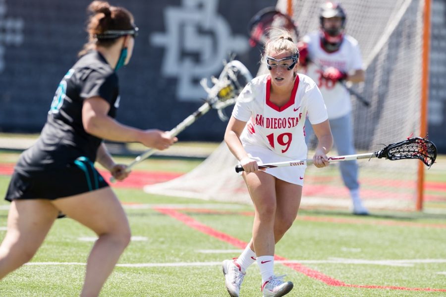 San+Diego+State+lacrosse+senior+defender+Lindsey+Gierke+defends+a+Coastal+Carolina+player+during+the+Aztecs+18-14+loss+to+the+Chanticleers+on+March+27%2C+2021+at+the+Aztec+Lacrosse+Field.