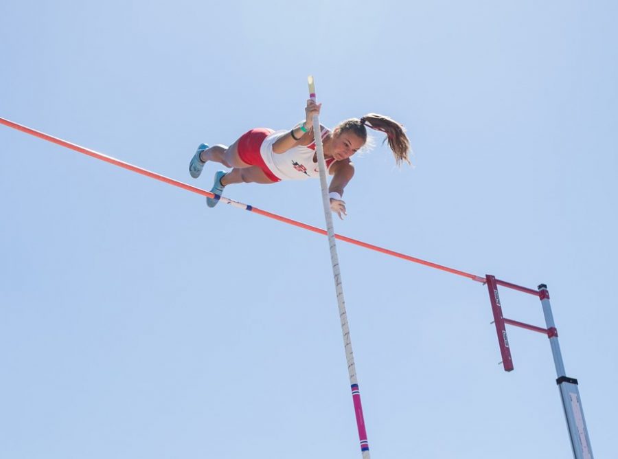 San Diego State track and field senior pole vaulter Kaitlin Heri competes during the Mountain West Challenge on April 7, 2021 at the Aztrack Sports Deck.
