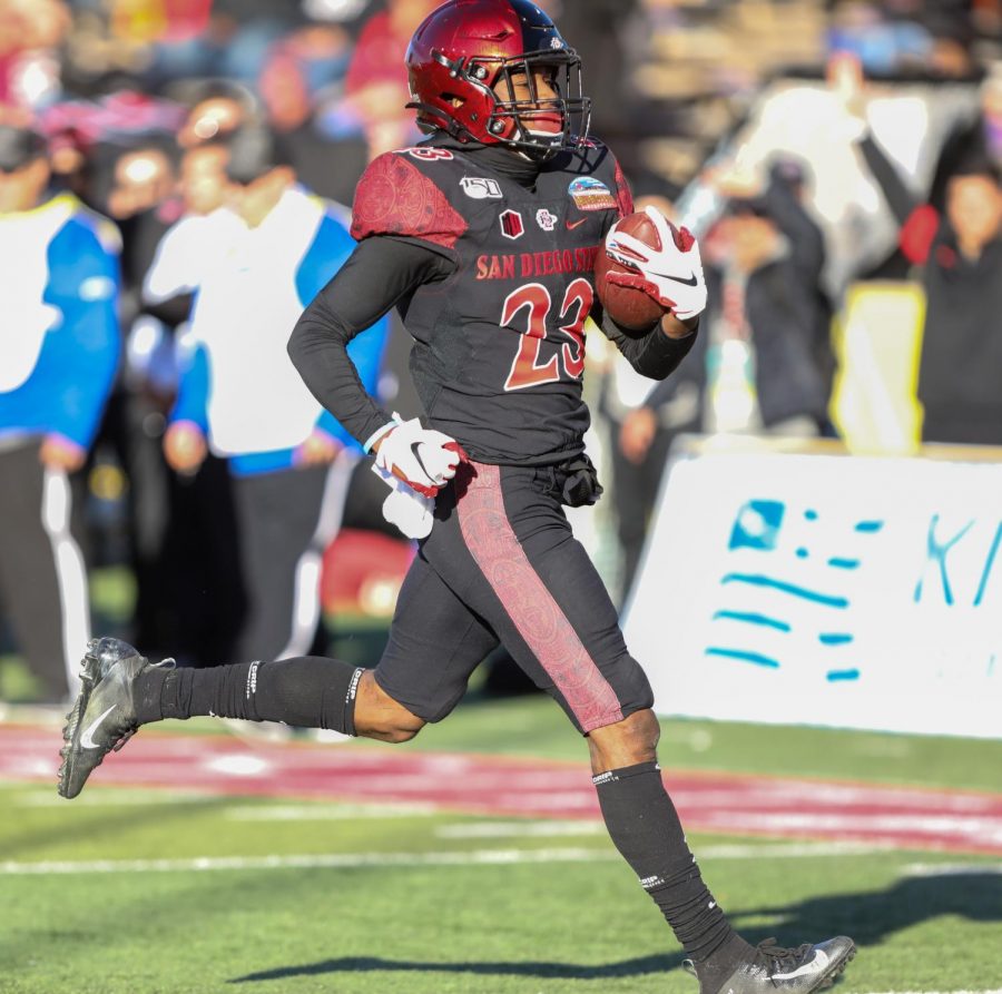 San Diego State football then-sophomore cornerback Darren Hall returns a fumble for a touchdown during the Aztecs 48-11 victory over Central Michigan on Dec. 21, 2019 at Dreamstyle Stadium in Albuquerque, New Mexico.