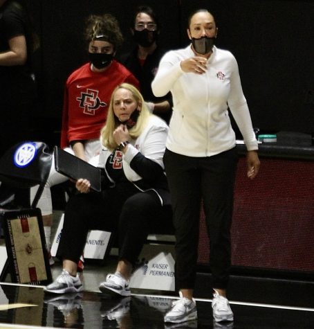 San Diego State womens basketball head coach Stacie Terry-Hutson (right) and assistant coach Marsha Frese look on during a game in the 2020-21 season at Viejas Arena.