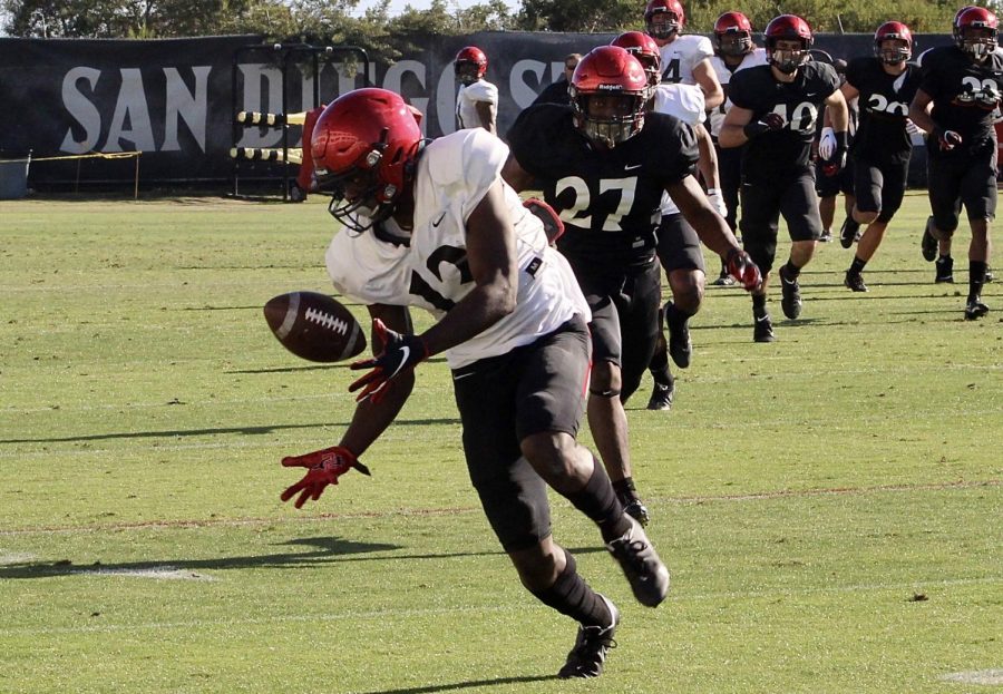San Diego State senior wide receiver Isaiah Richardson catches a pass during the Aztecs annual spring game on April 30, 2021 at the SDSU football practice field next to the Sports Deck.