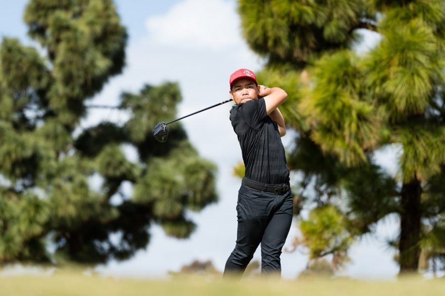 San Diego State men's golf senior Puwit Anupansuebsai swings his driver during the Lamkin Invitational on March 10, 2021 at The San Diego Country Club in Chula Vista, Calif.