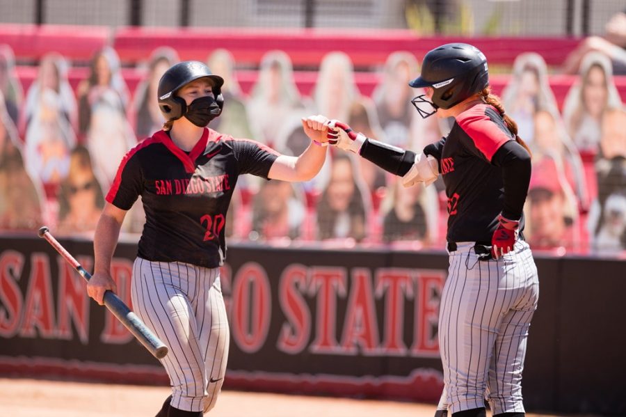 San+Diego+State+softball+senior+shortstop+Shelby+Thompson+%28left%29+high-fives+junior+utility+player%2Fcatcher+Danielle+Romanello+%28right%29+during+the+Aztecs+14-3+win+over+San+Jos%C3%A9+State+on+April+18%2C+2021+at+the+SDSU+Softball+Stadium.