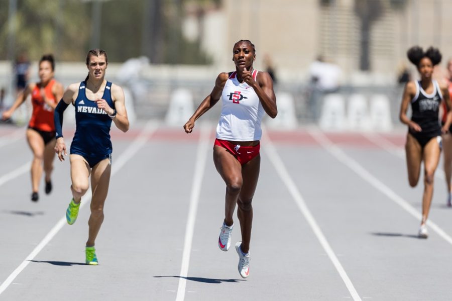 San Diego State track and field senior sprinter Jalyn Harris runs during the annual Mountain West Challenge on April 7, 2021 at the Aztrack Sports Deck.