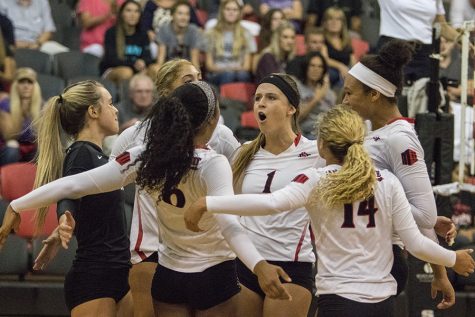 Several SDSU women's volleyball players celebrate after winning a point against Loyola Marymount.