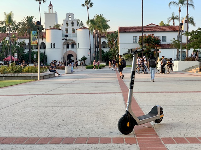 Electric scooter located on campus near Hepner Hall.