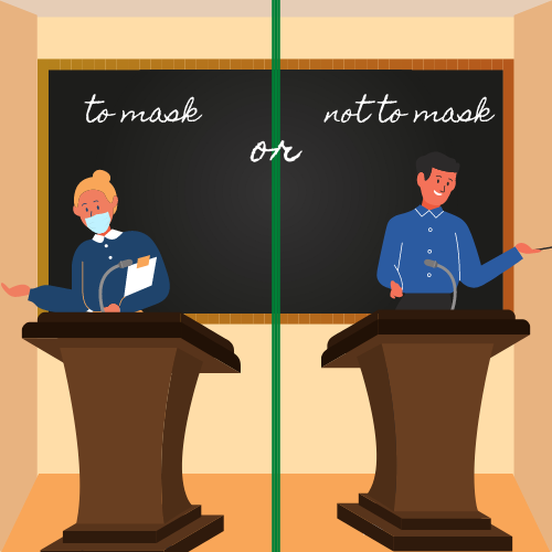 Graphic of teacher on the left wearing mask and teacher on the right not wearing mask.