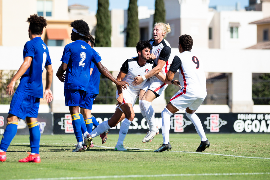 Kyle Colonna celebrates with his teammates after scoring a goal against CSU Bakersfield. (Courtesy of SDSU Athletics)