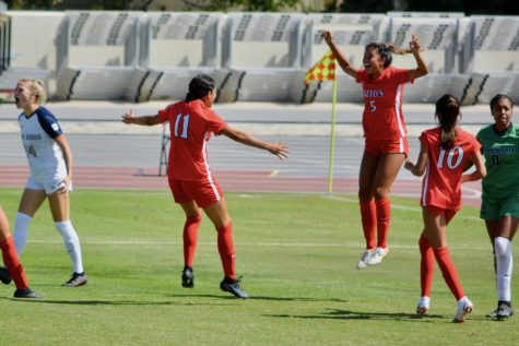 Emma Gaines-Ramos (#5) celebrates her first collegiate goal at the game against Utah State on Sunday, Oct. 3.