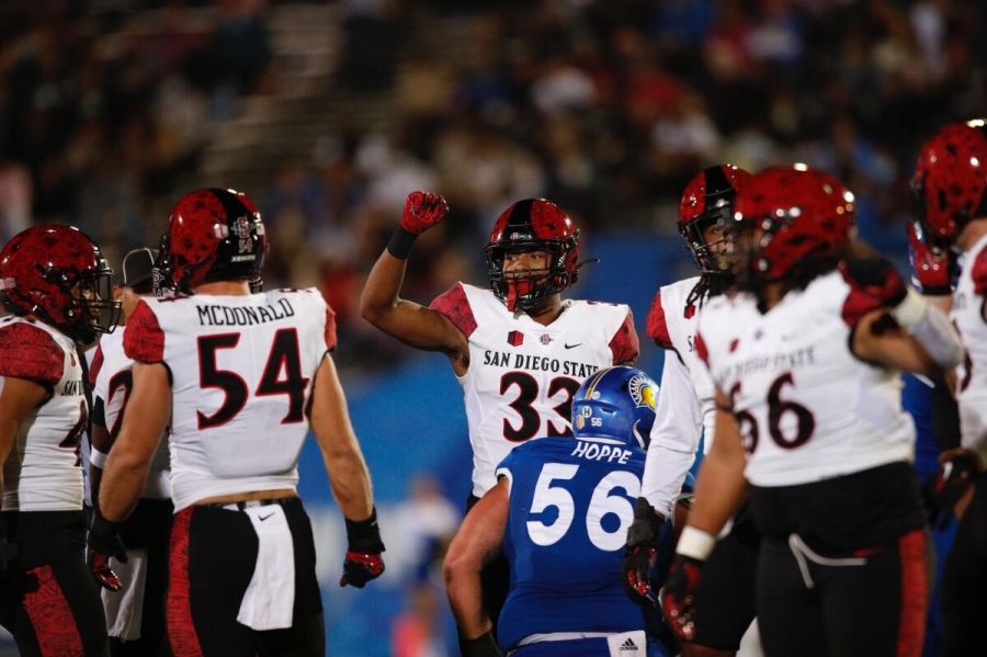 Junio safety Patrick McMorris (33) raises his fist during the gameagaisnt San Jose State (Courtesy of