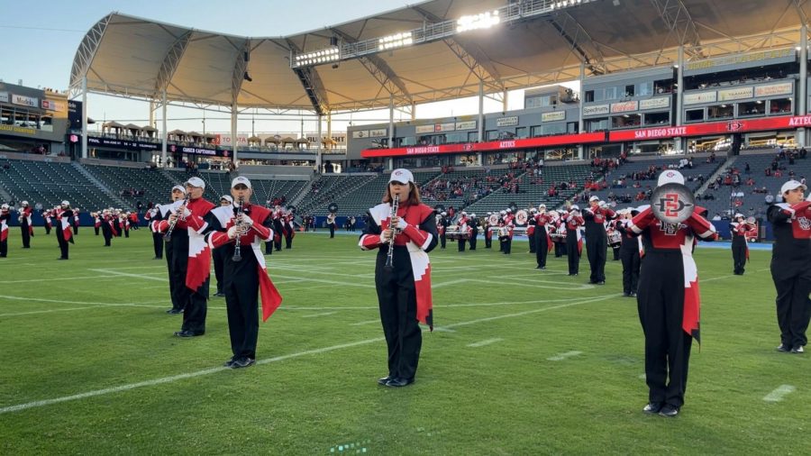 Marching Aztecs perform before game in Carson, California.