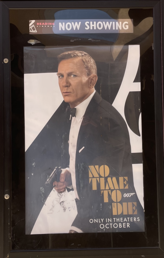 No Time to Die poster displaying outside of Reading Cinemas in La Mesa, CA.
