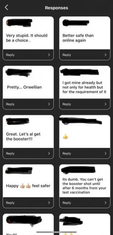 A screenshot of the positive and negative replies from The Daily Aztec's Instagram story Q&A asking what are people's thoughts on the updated booster requirement. Five users were direct messaged for further comment and only one responded for a Zoom interview.