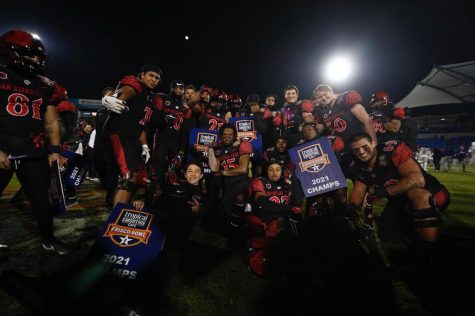 The Aztecs pose with Frisco Bowl Champion banners after their 38-24 victory over UTSA in the Frisco Bowl (Photo Courtesy of SDSU Athletics/Justin Truong)