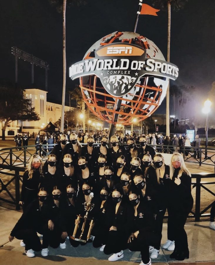 The SDSU Dance Team pose for a picture in front of the ESPN Wide World of Sports Globe.