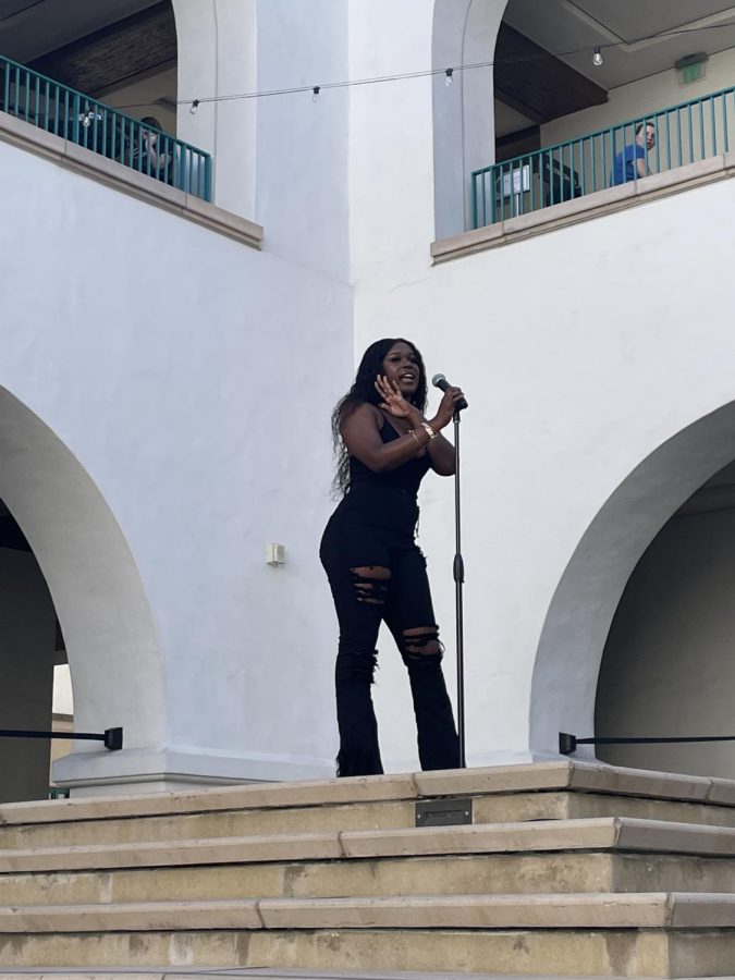 SDSU student Hadiyatou Diallo (Haddie the Baddie) peforms an hour-long set of original music in the Conrad Prebys Aztec Student Union on Wednesday, Feb. 9.