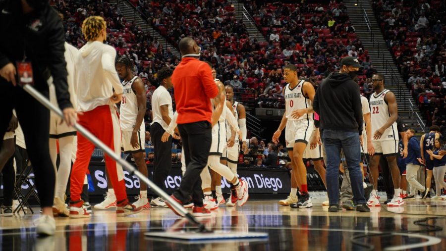 San Diego State heads back to the bench during their game against Fresno State on March 3.