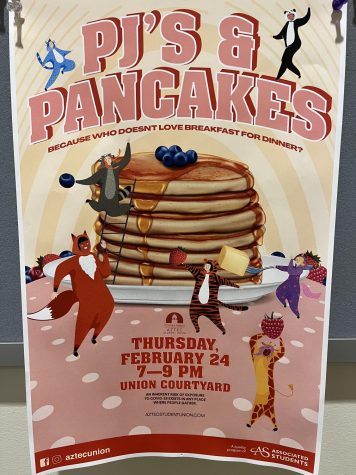 The poster for "PJs and Pancakes" advertised the main draw for Thursday, Feb. 24's event: breakfast.