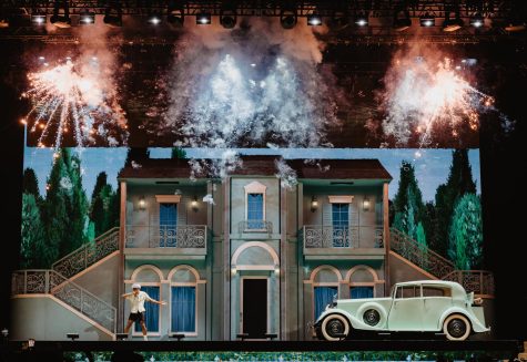 Tyler, the Creator's lavish two story house on stage receives multiple firework blasts while he performs at Pechanga Arena on Feb. 10. 