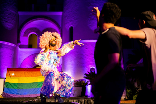 Amber St. James performs in front of Hepner Hall as part of Aztec Nights' 'Dragstravaganza' event on Sept. 4, 2021.