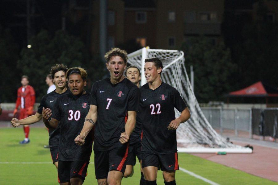 Freshman CJ Fodrey celebrates scoring the Aztecs’ second goal of the match during their friendly against California Baptist University at the SDSU Sports Deck on Aug. 19.