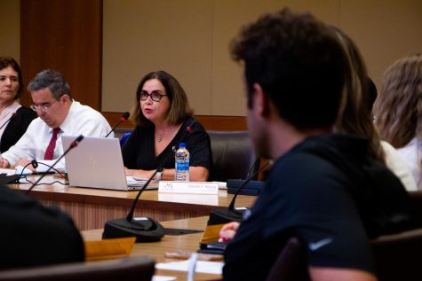 San Diego State President Adela de la Torre answers questions at the Associated Students all-council meeting.