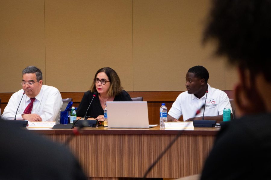 SDSU President Adela de la Torre (Center) and Dr. Salvador Ochoa (Left) answer questions surrounding rape allegations at the Associated Students all-council meeting hosted by Associated Students President Shawki Moore (Right) on Aug. 31


