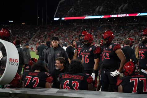 The Aztec coaching staff meets with the offensive line during a game versus Idaho State on Sept. 10, 2022. 