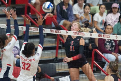 Senior opposite Kayla Rivera attacks during the second set of San Diego States second game of the Aztec Classic on Friday, Sept. 9 at Aztec Court at Peterson Gym in San Diego, Calif. SDSU dropped their second match of the day to the University of Arizona Wildcats 3-0.