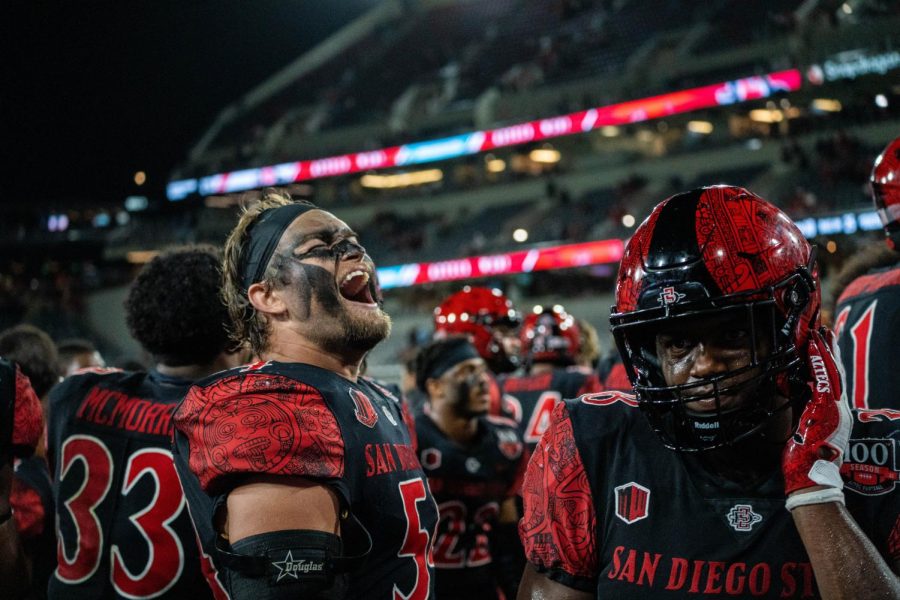 San+Diego+State+University+senior+Caden+McDonald+shouts+in+excitement+following+the+Aztecs+38-7+victory+over+Idaho+State+University+at+Snapdragon+Stadium+on+Saturday%2C+Sept.+10.+