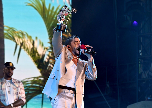 Bad Bunny receiving his Moonman award for MTV’s artist of the year on August 28 at the Yankee Stadium in New York.