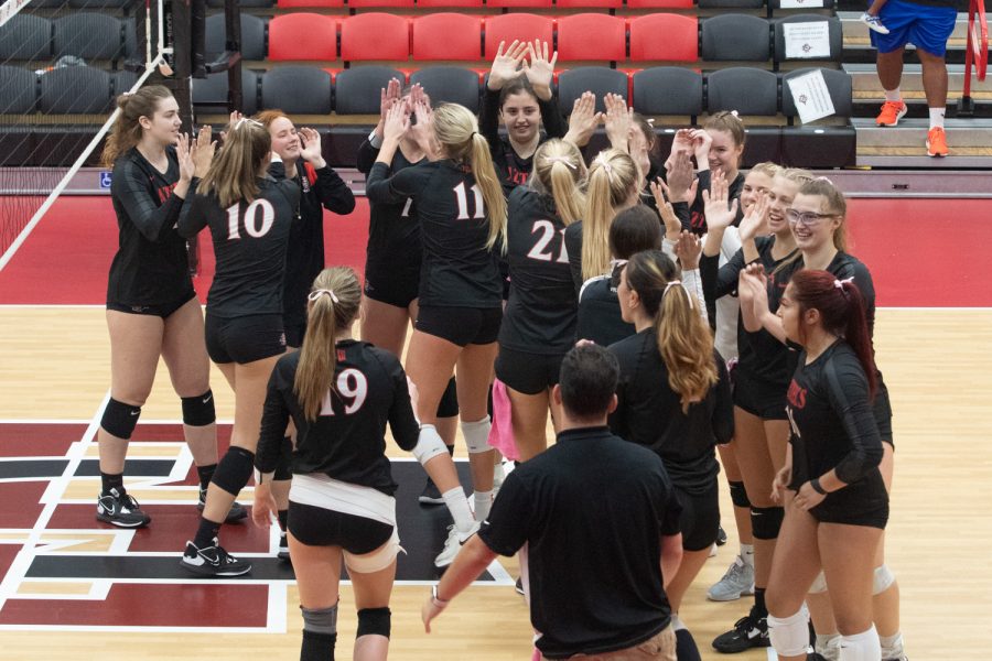 The San Diego State volleyball team celebrates after a 3-1 win over Air Force in Mountain West Conference play on Saturday, Oct. 22 at Aztec Court at Peterson Gym in San Diego, Calif. The Aztecs improved to 5-16 for the season and 3-7 in conference play.