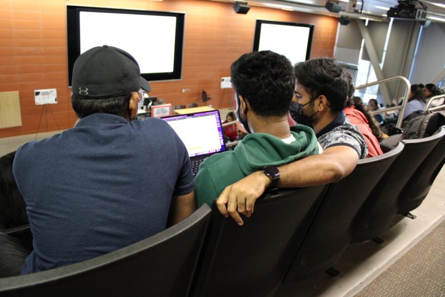 Big data analytics major, Naveen Reddy Sama, and his team collaborate to complete one of the challenges, at the SDSU Hackathon on October 8th, 2022.