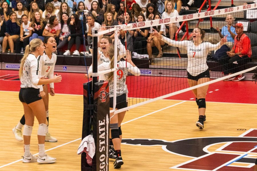 Hands raised, Aztec outside hitter Madison Corf, right, celebrates winning a point against the Colorado State Rams at the Peterson Gym on October 15, 2022.