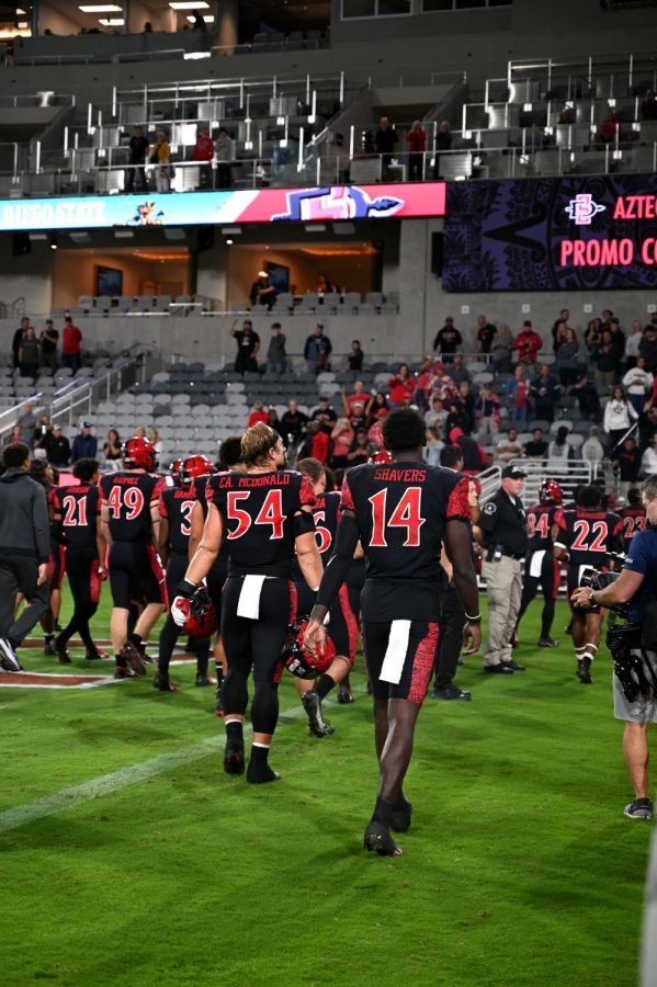The SDSU football team makes their way back to the locker room after their victory over Hawaii on Saturday Oct. 8, 2022.