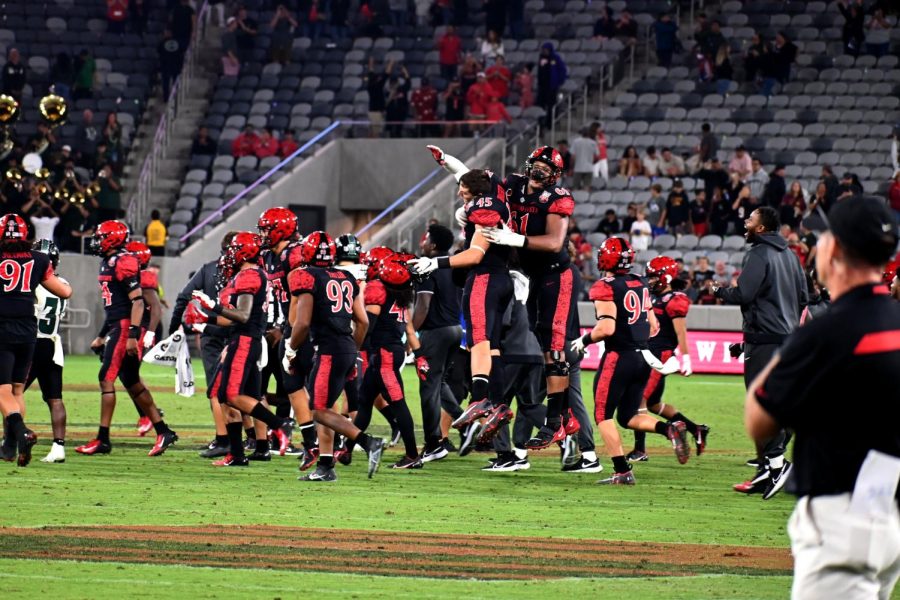 Aztec football players celebrate following their win against the University of Hawaii on Oct. 8. They followed up the win with another impressive defensive performance vs University of Nevada Reno. 