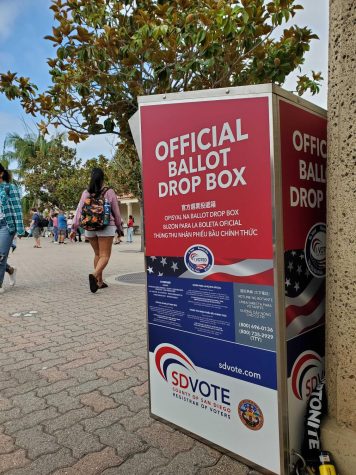 Students use the official ballot drop box to vote on Nov. 8